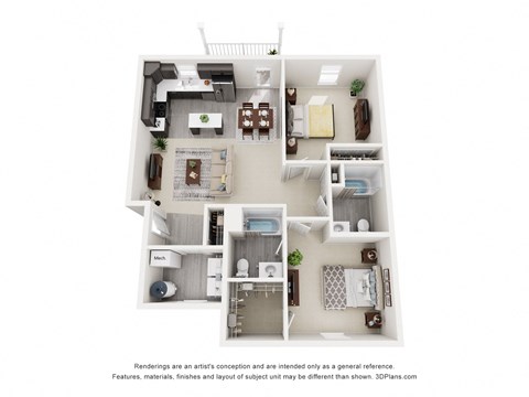 a stylized floor plan of a 1 bedroom apartment with a bathroom and a balcony